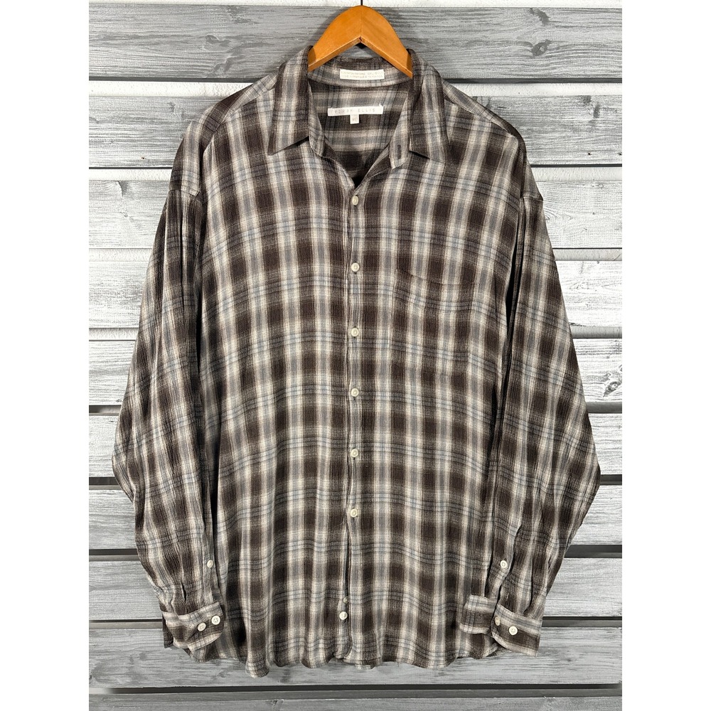 Vtg Perry Ellis Mens XL Brown Plaid Rayon Linen Long Sleeve Button Down Shirt